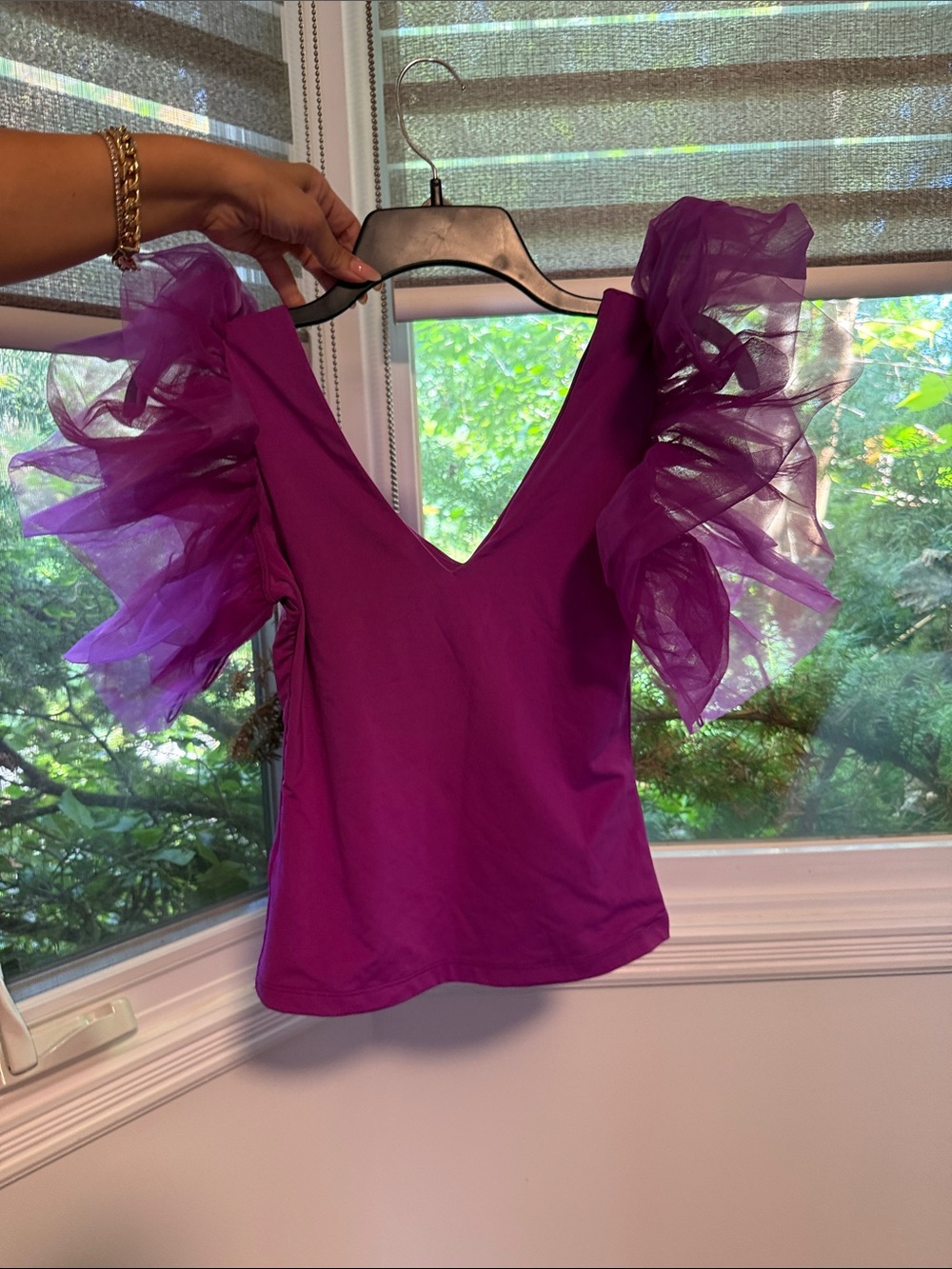 Purple Ruffle Sleeve V-Neck Women's Top